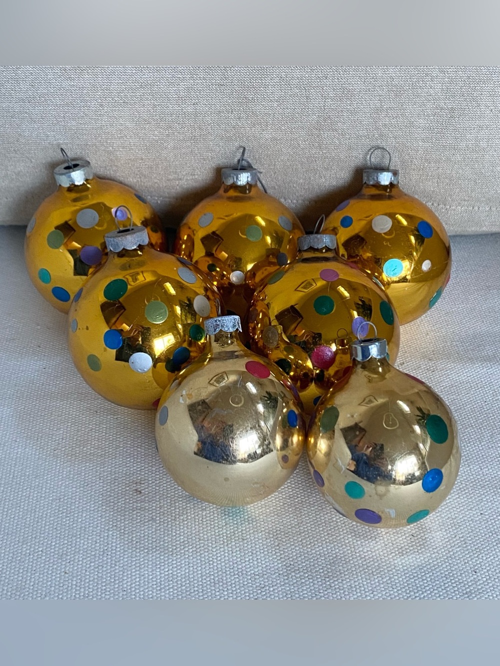 Vtg Mid-Century Gold Preppy Polka Dot Mercury Glass Christmas Ornaments Set of 7